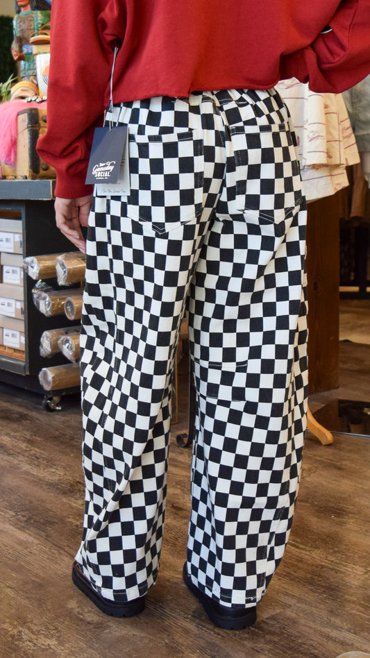 Black and White Checkered Wide-Leg Pants