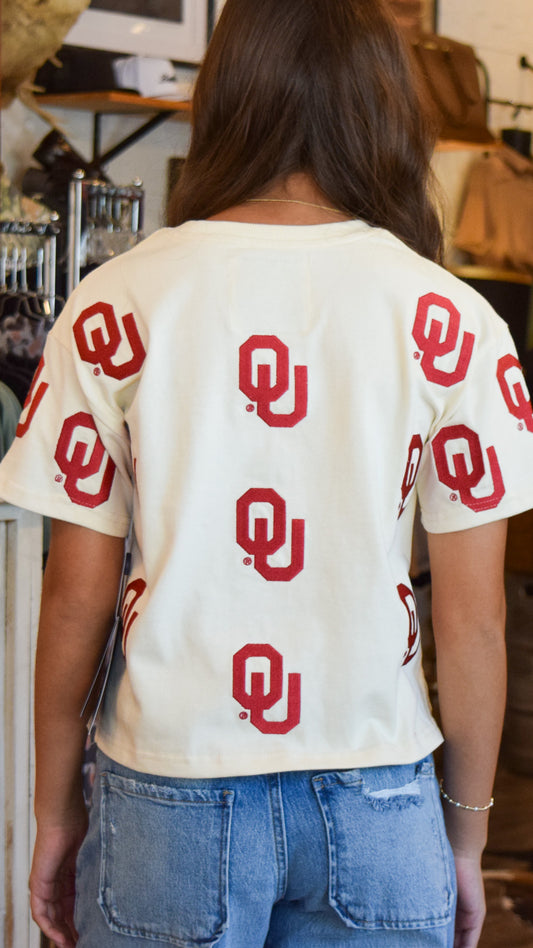 OU Crimson and Cream Embroidered Tee