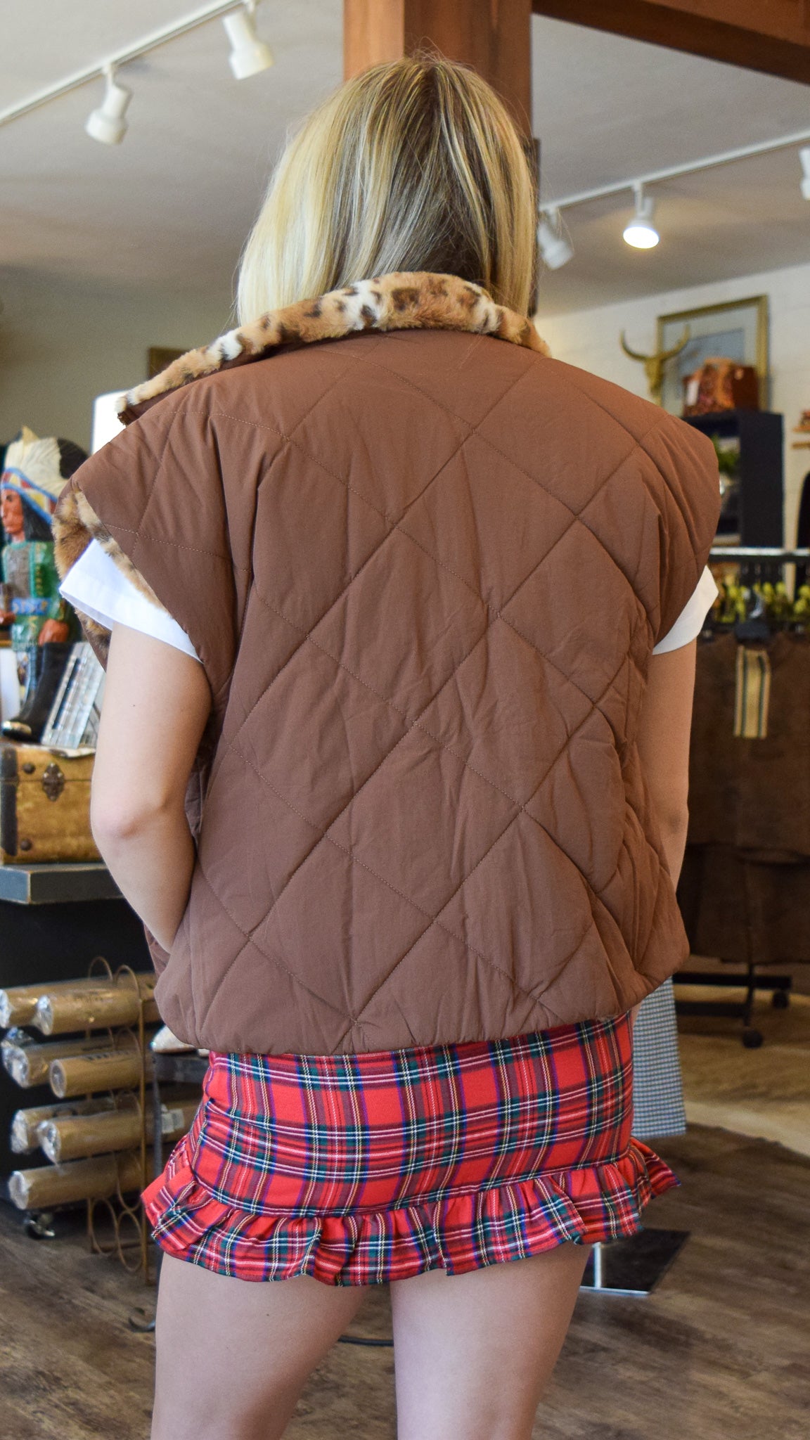 Brown Quilted Faux-Fur Lined Vest