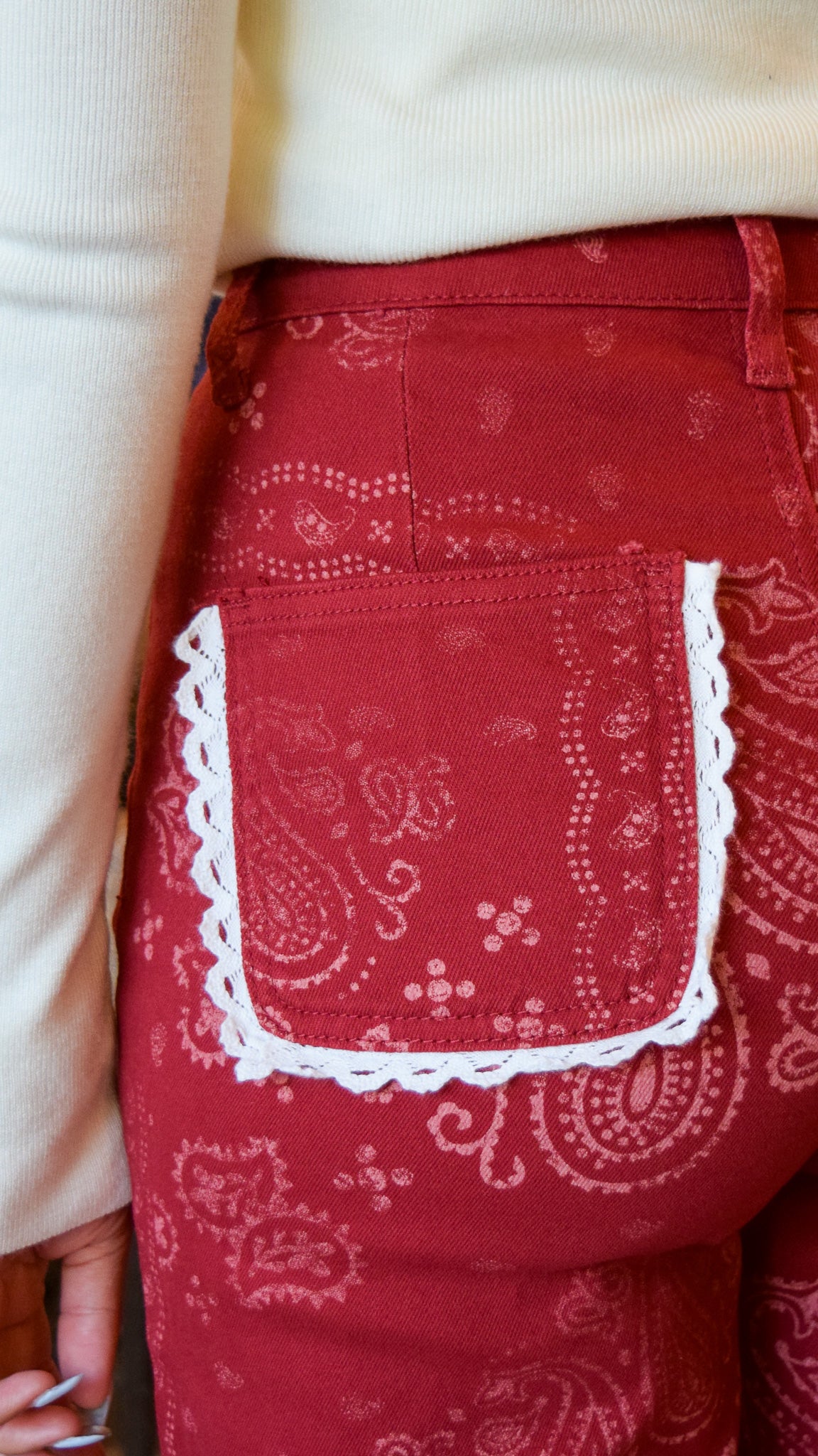 Red Paisley Print Jeans with Lace Trim Pockets