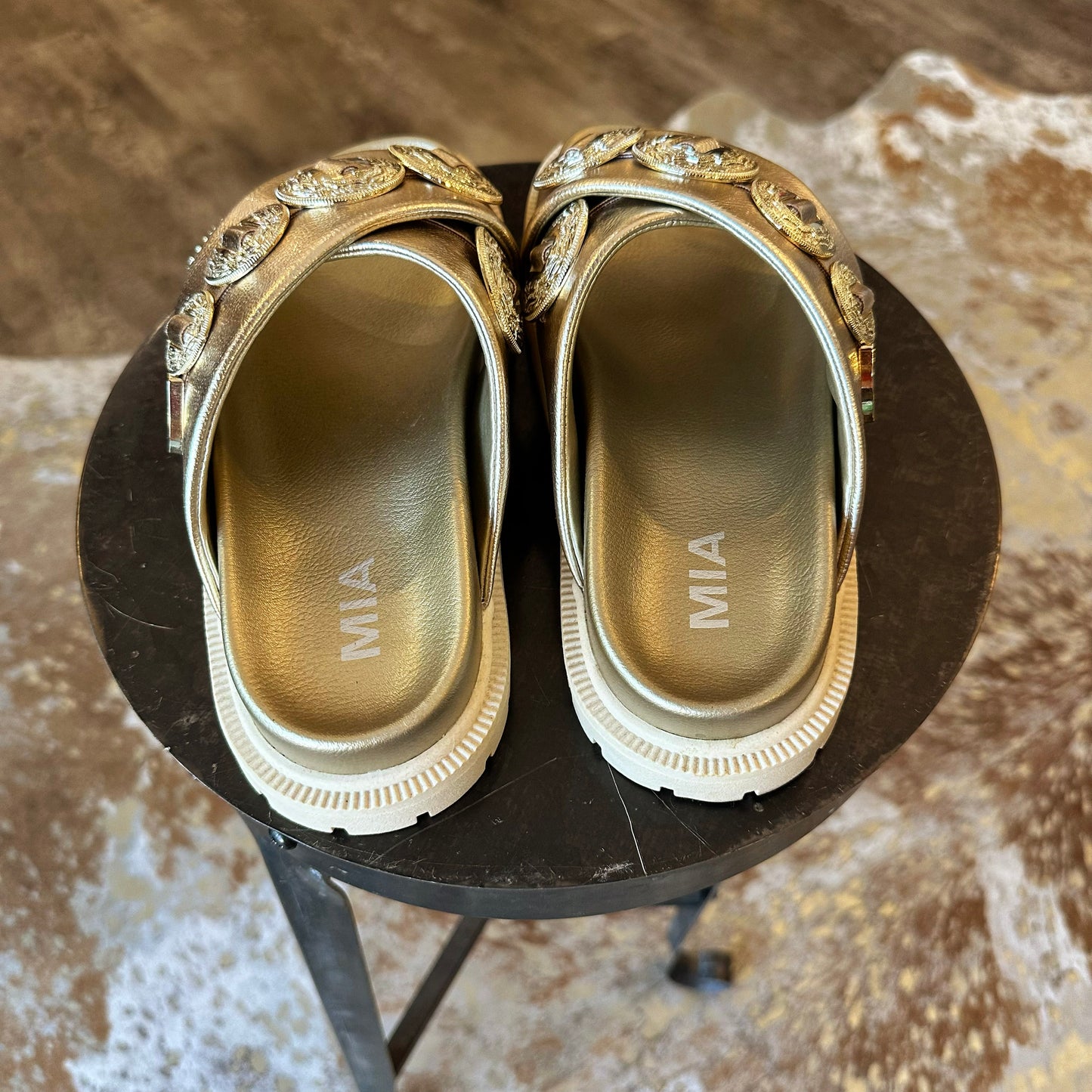 Metallic Gold Western Medallion Slide Sandals