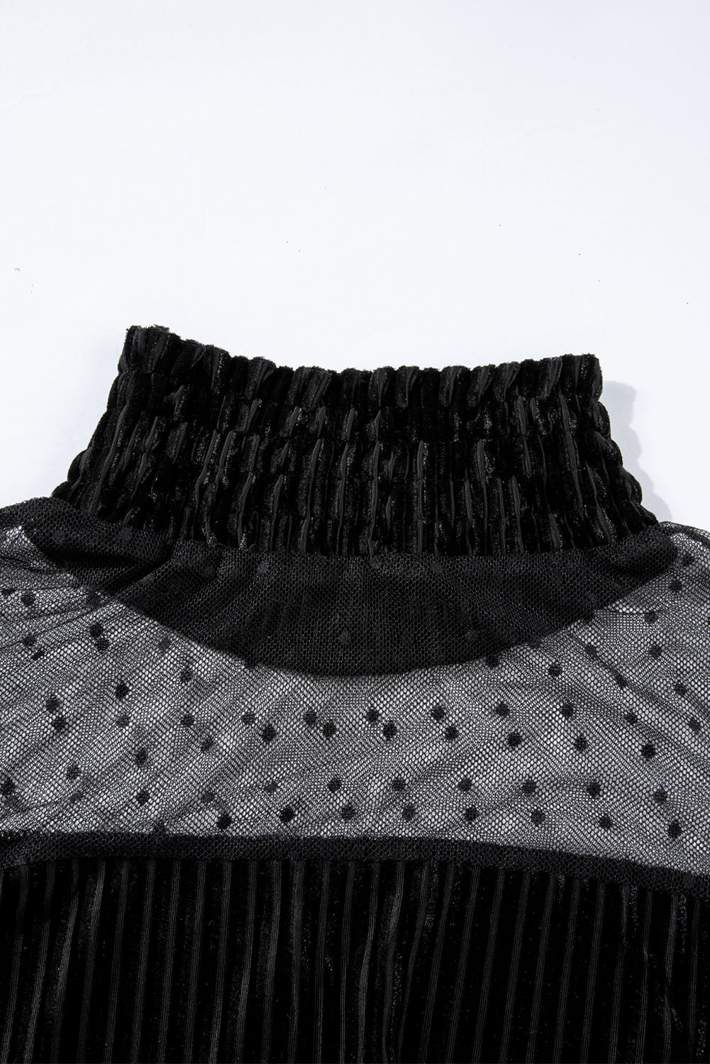 Black Dotted Mesh Striped Bubble Sleeve Dress