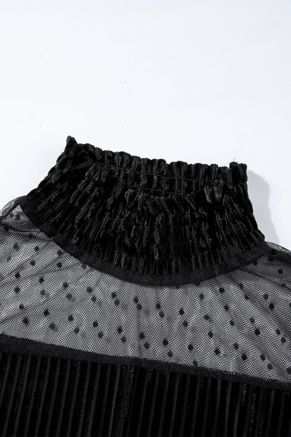 Black Dotted Mesh Striped Bubble Sleeve Dress