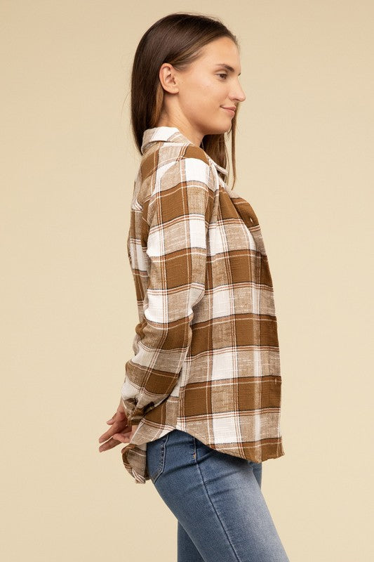 Cotton Plaid Shacket With Front Pocket