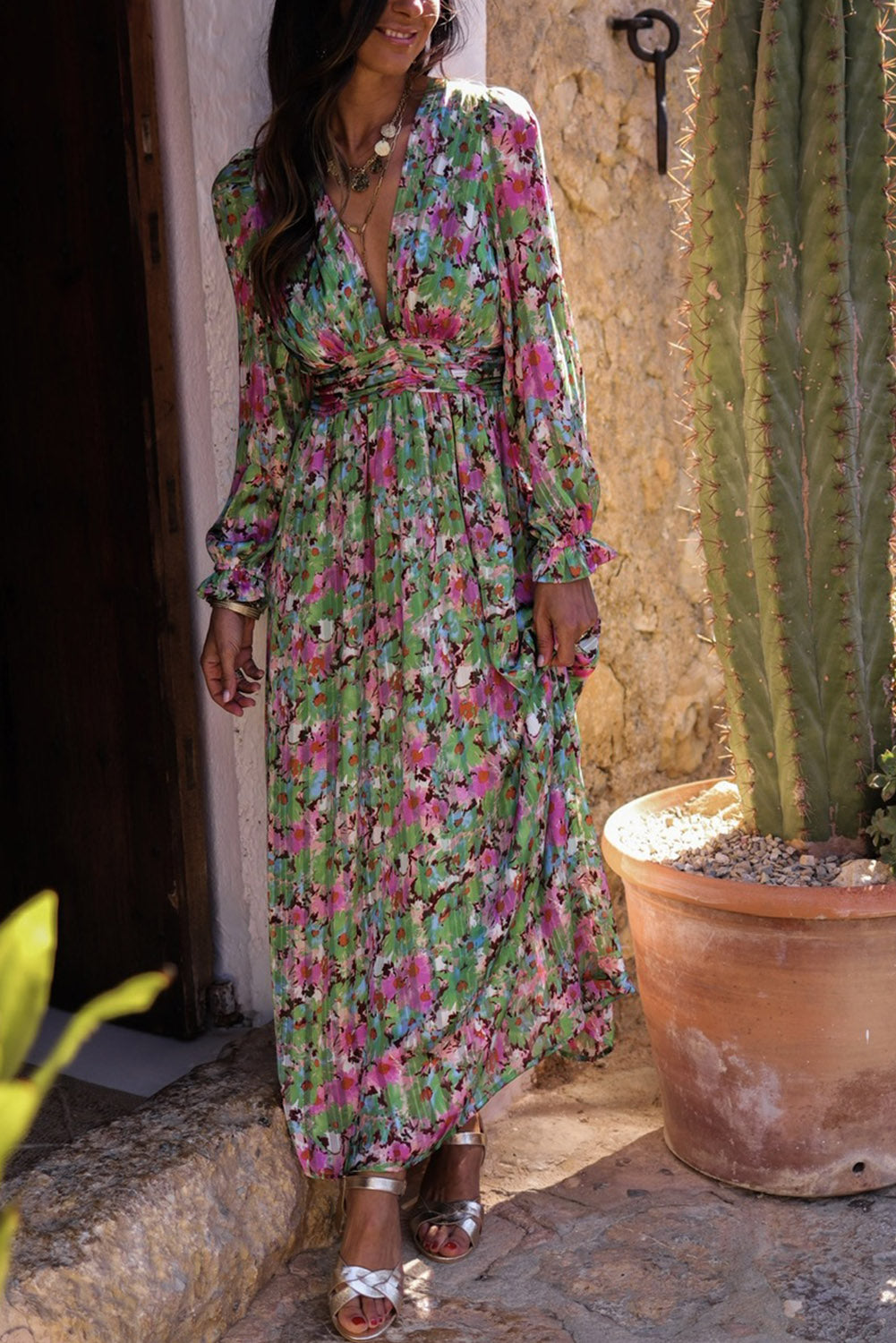 Green Floral Cinched Waist Maxi Dress