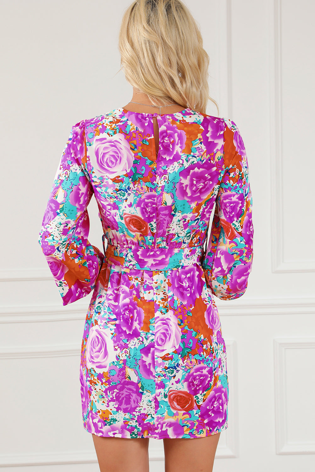 Purple Floral Keyhole Belted Dress