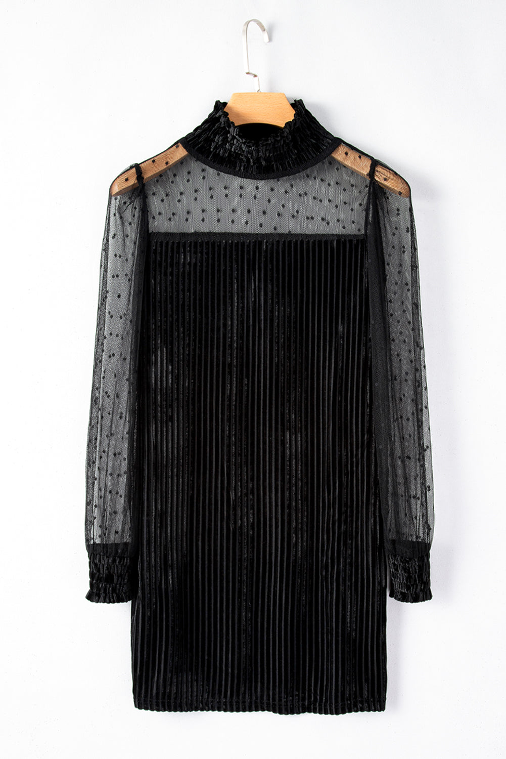 Black Dotted Mesh Striped  Bubble Sleeve Dress