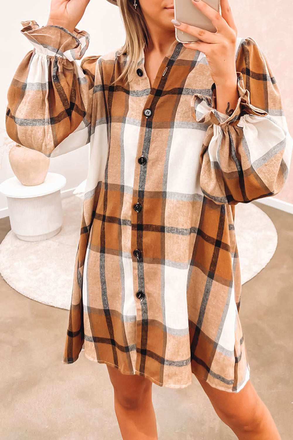 Khaki Western Plaid Button Up Loose Shirt Dress