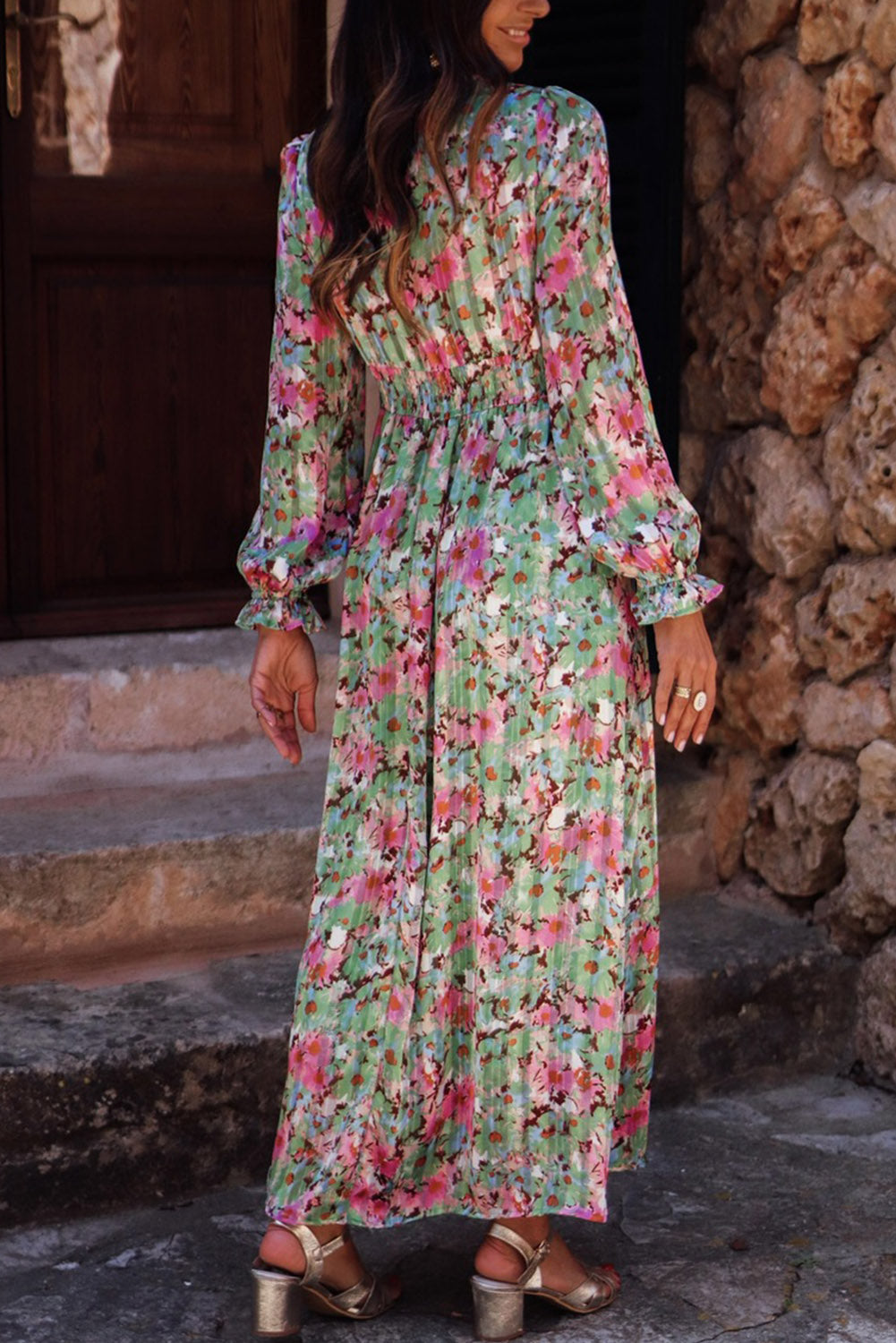 Green Floral Cinched Waist Maxi Dress