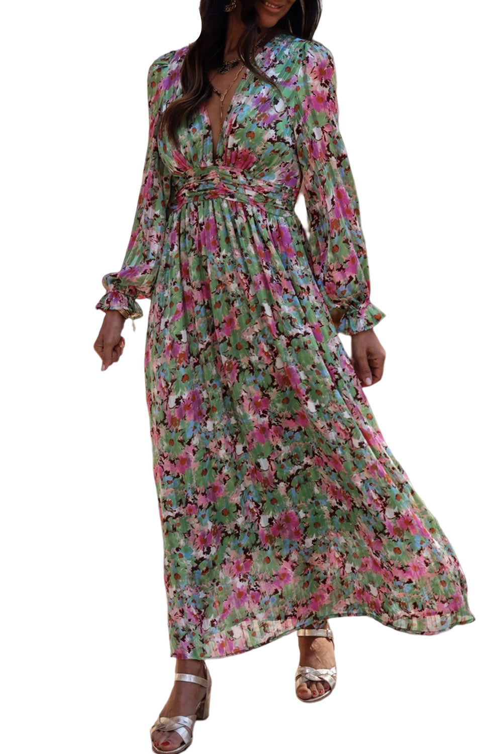 Green Floral Cinched Waist Maxi Dress