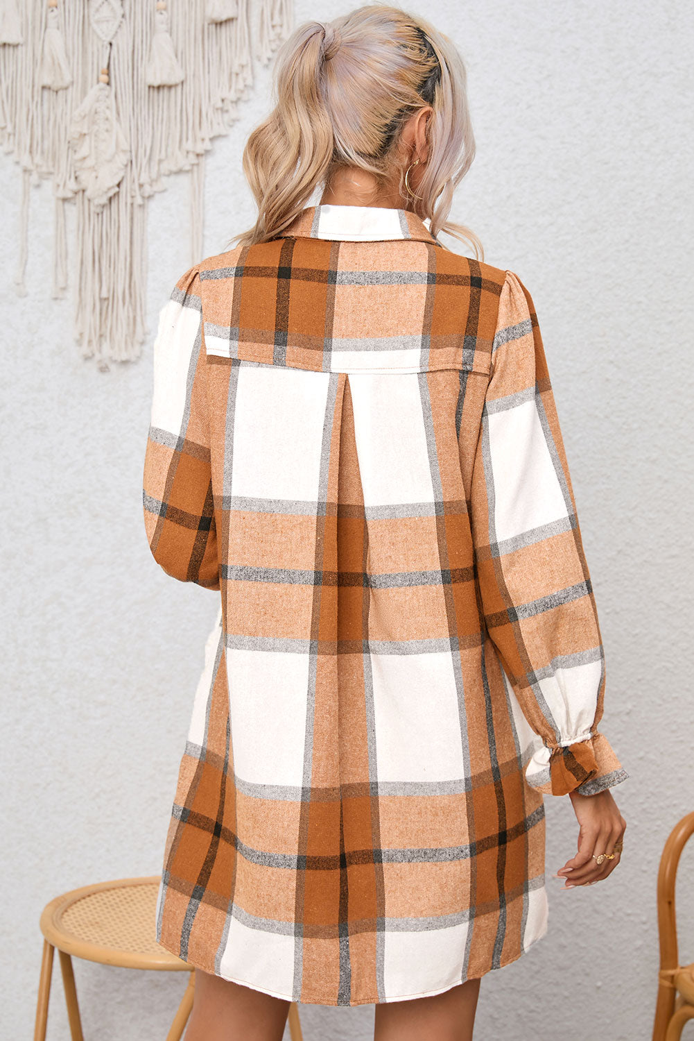 Khaki Western Plaid Button Up Loose Shirt Dress