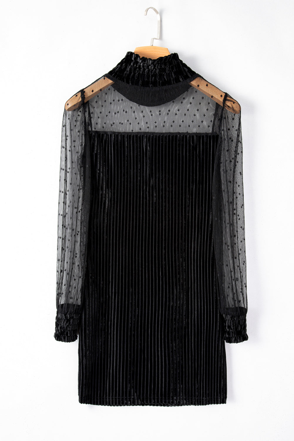 Black Dotted Mesh Striped  Bubble Sleeve Dress