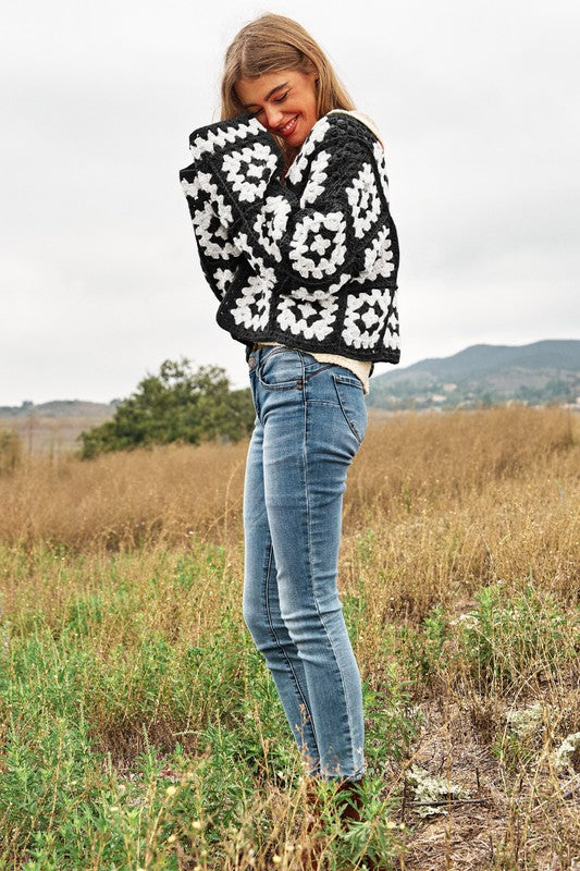 Two-Tone Floral Square Crochet Open Knit Cardigan