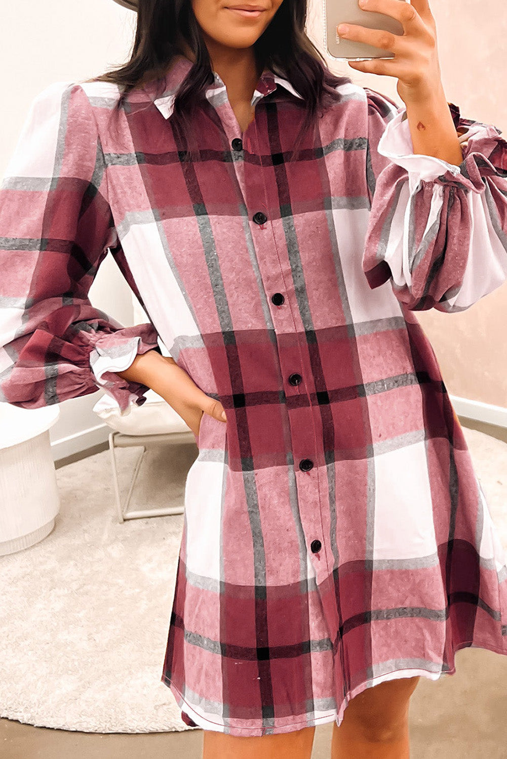 Khaki Western Plaid Button Up Loose Shirt Dress