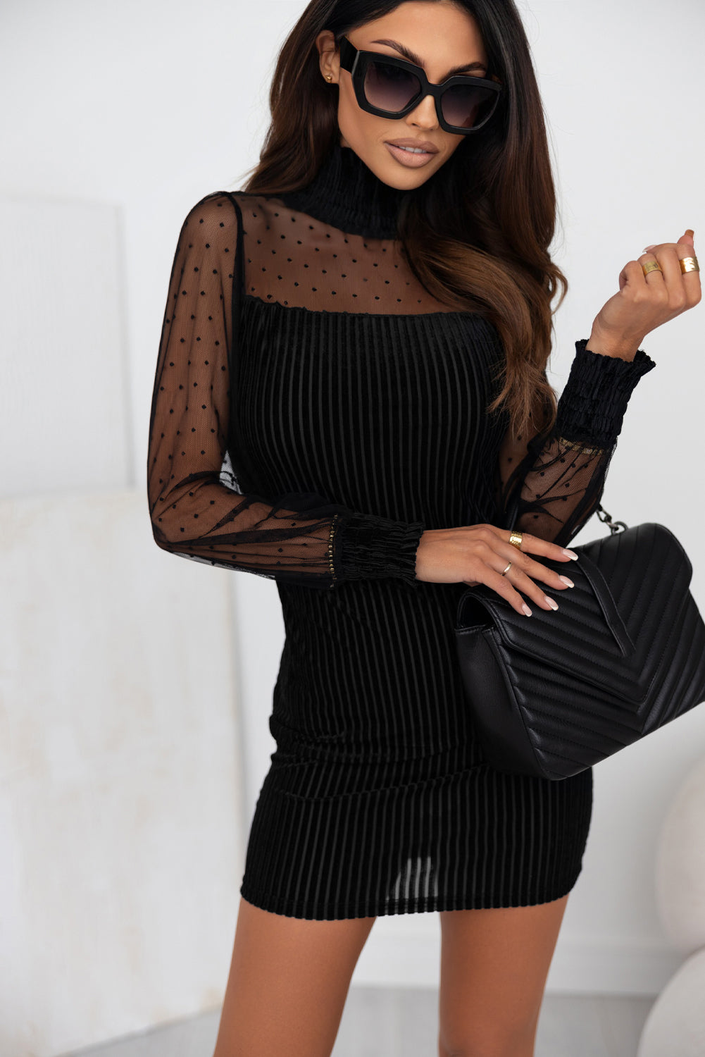 Black Dotted Mesh Striped  Bubble Sleeve Dress