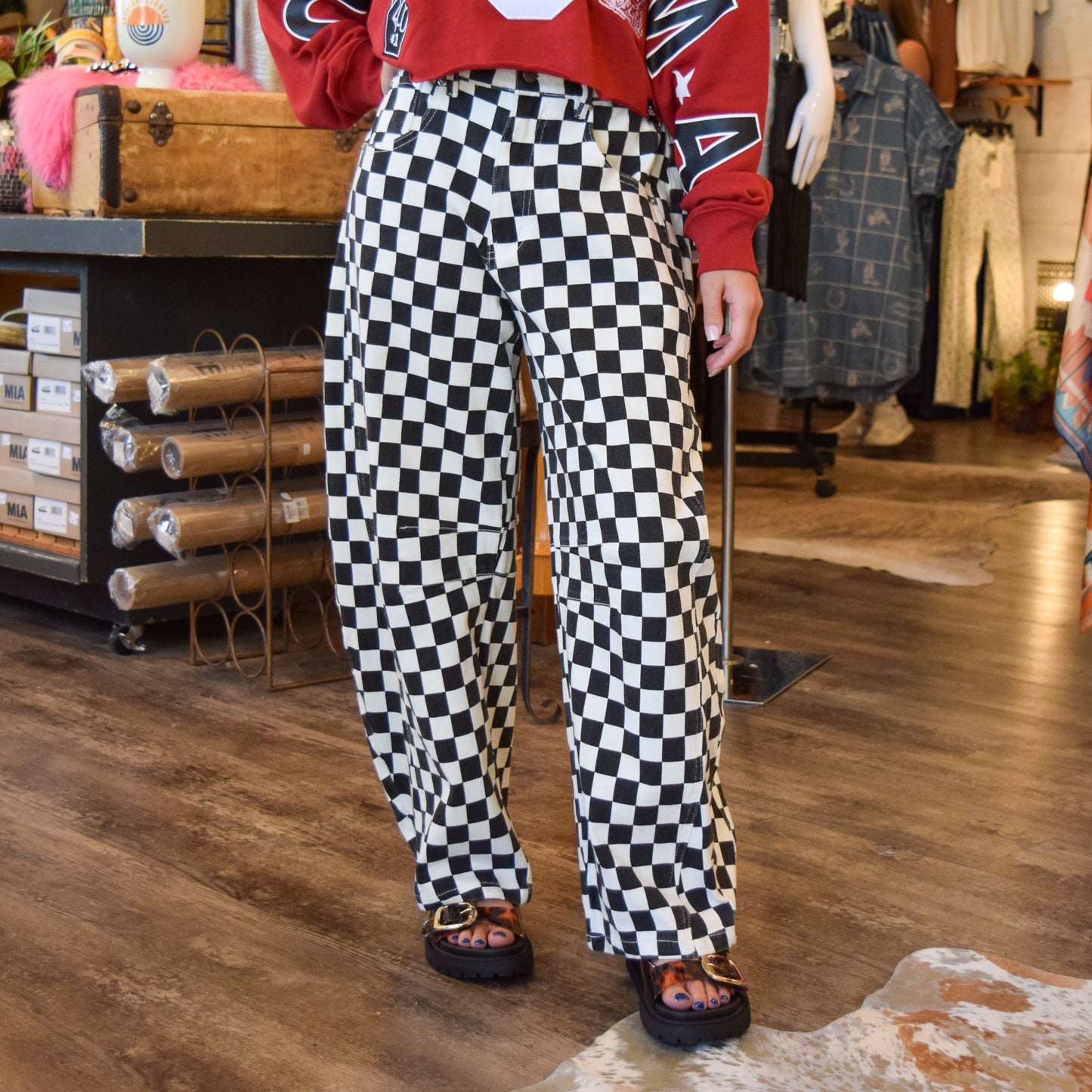 Black and White Checkered Wide-Leg Pants