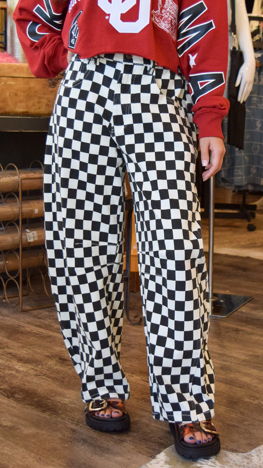 Black and White Checkered Wide-Leg Pants