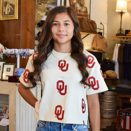 OU Crimson and Cream Embroidered Tee