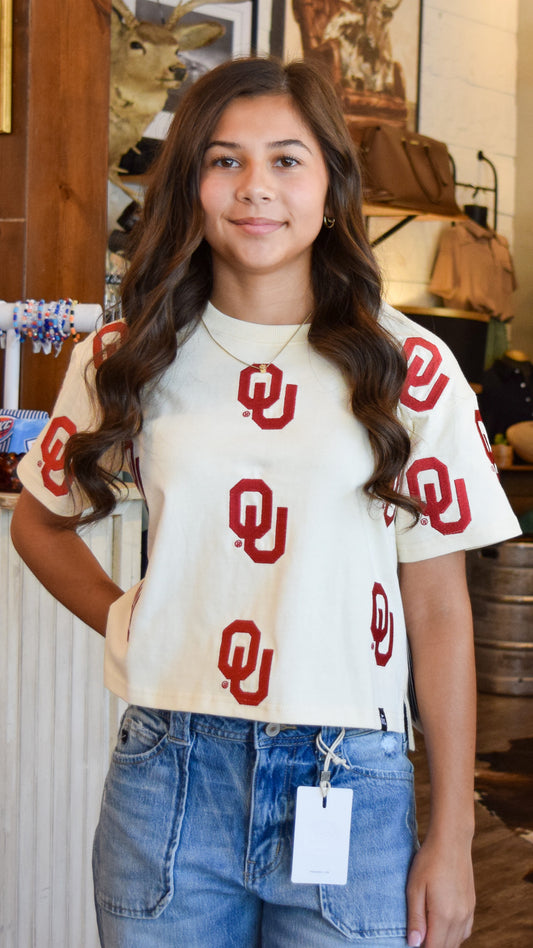 OU Crimson and Cream Embroidered Tee