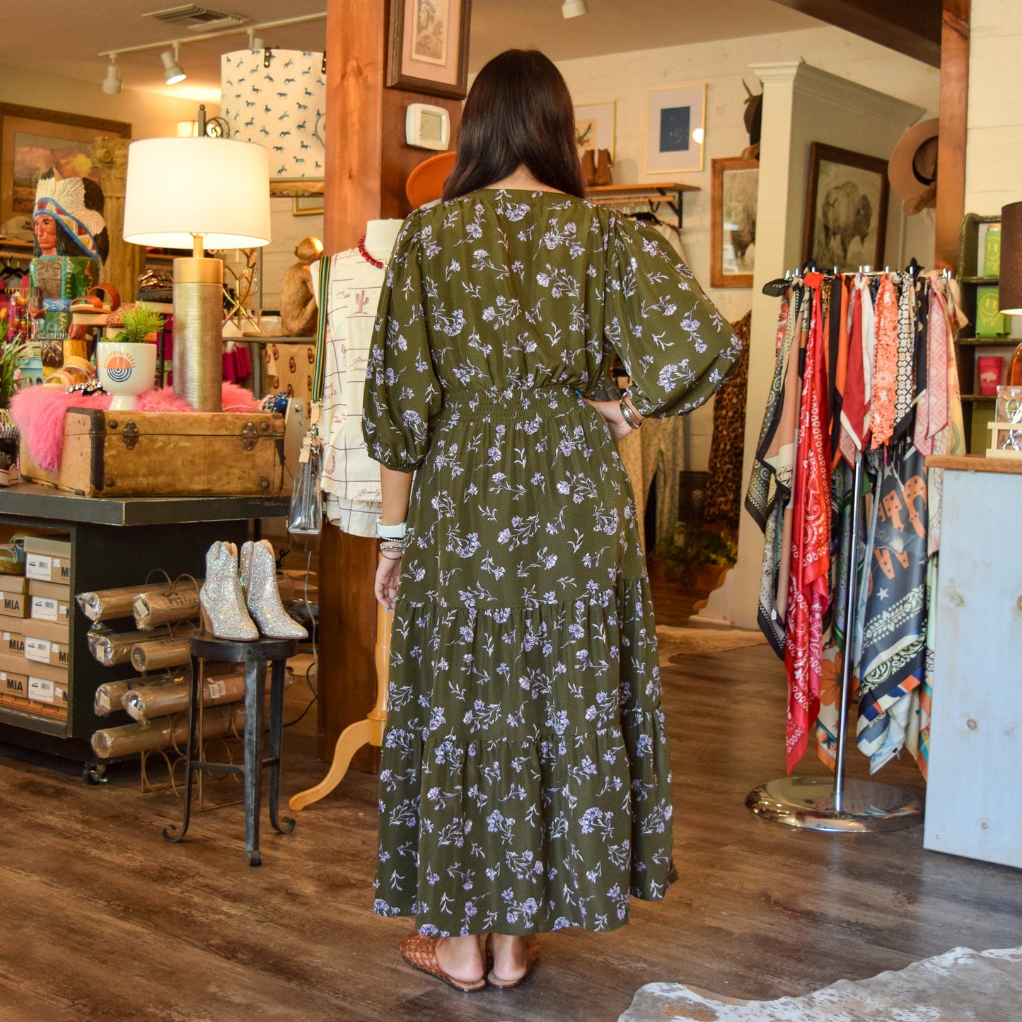 Olive Floral Tiered Maxi Dress
