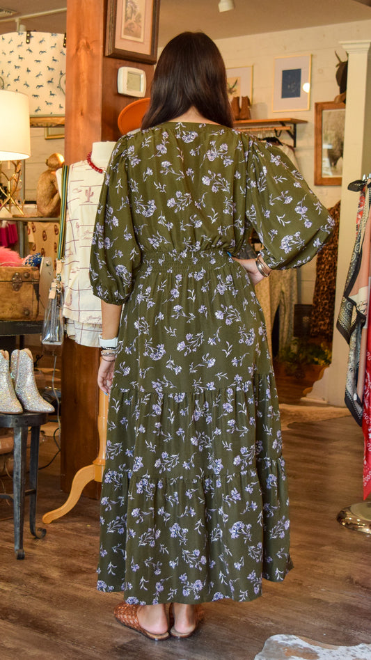 Olive Floral Tiered Maxi Dress