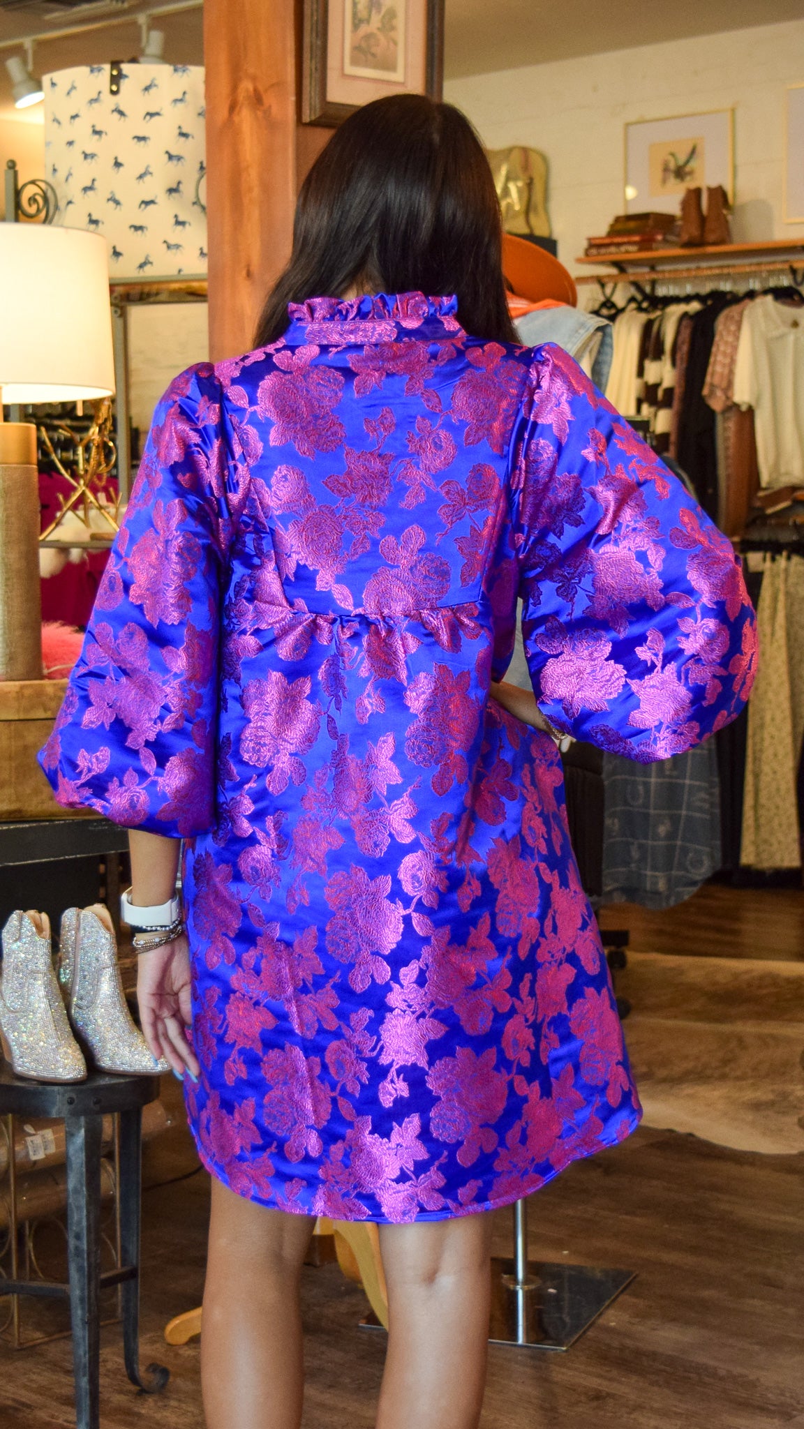 Blue Puff Sleeve Dress with Pink Metallic Floral Detail