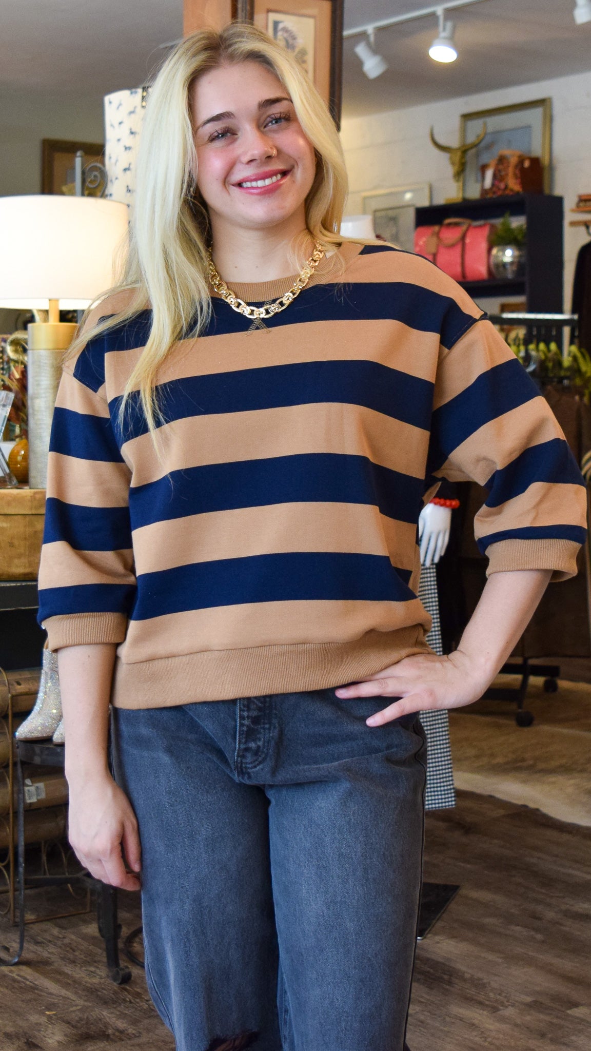 Brown & Navy Striped Top