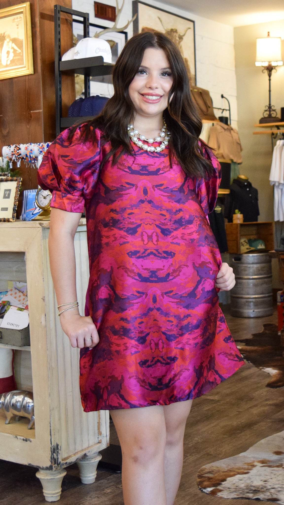 Magenta printed jacquard dress
