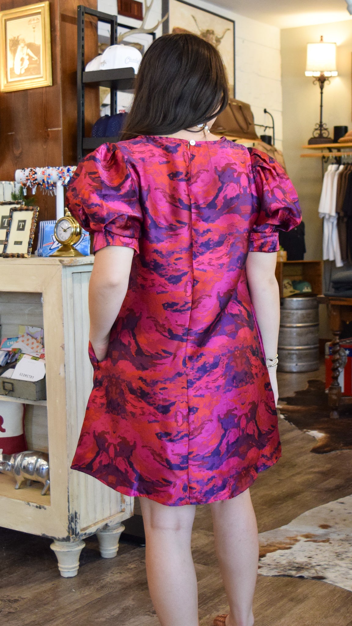 Magenta printed jacquard dress