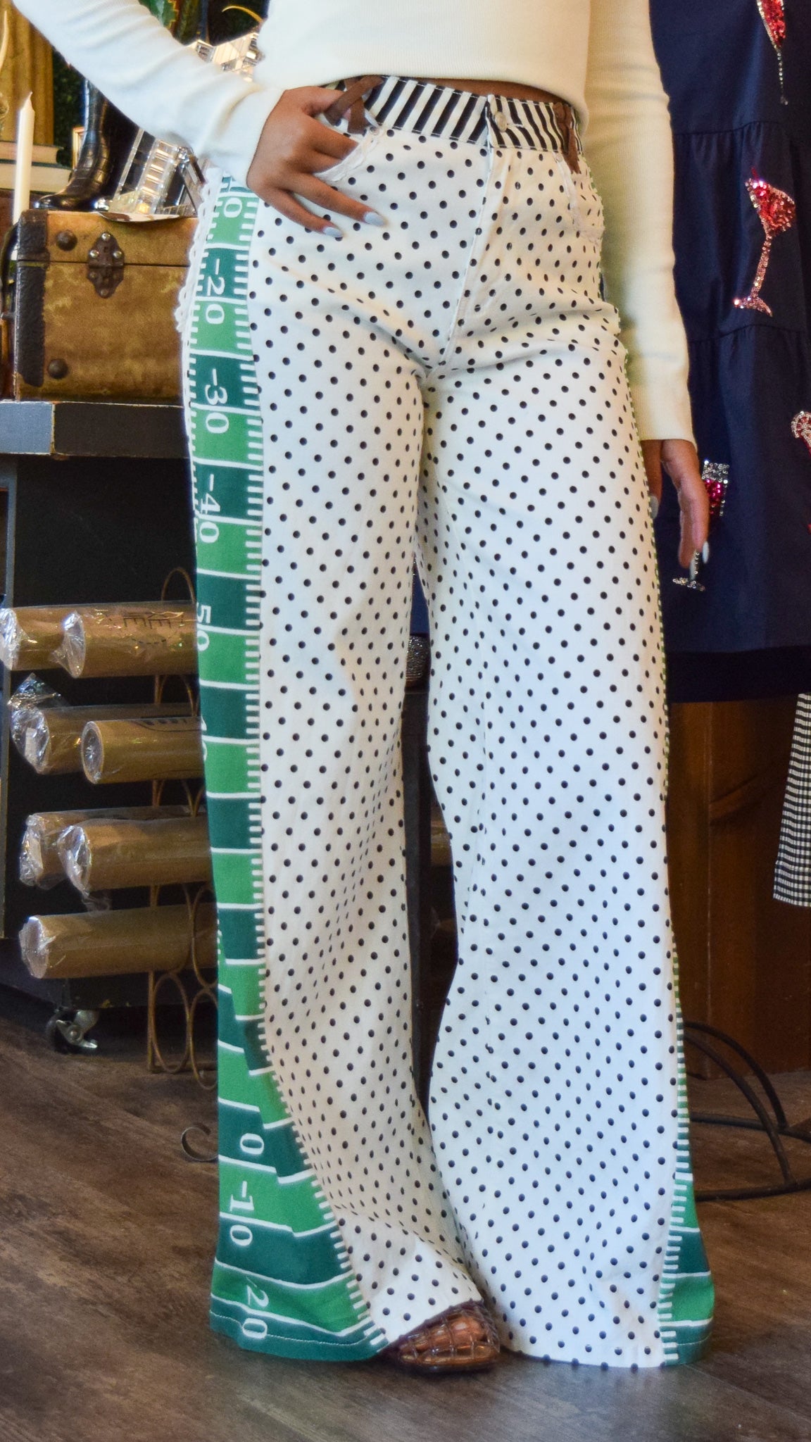 Polka Dot Football Jeans with Lace Trim Pockets