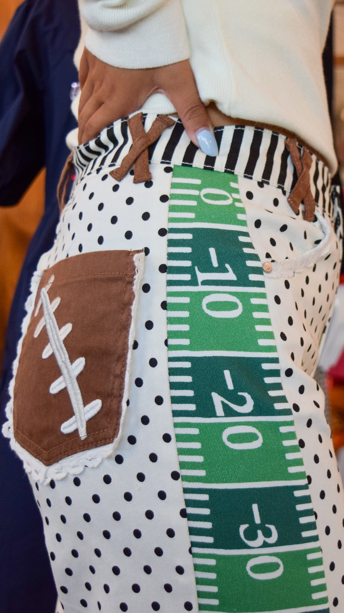 Polka Dot Football Jeans with Lace Trim Pockets