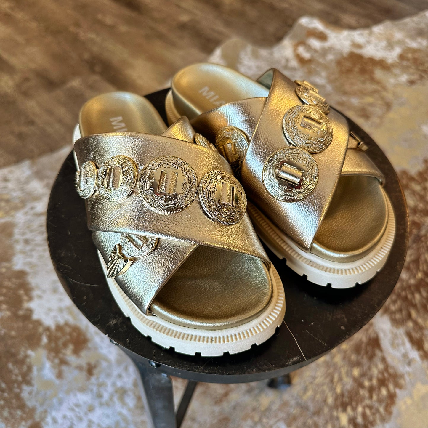Metallic Gold Western Medallion Slide Sandals