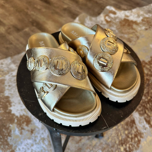 Metallic Gold Western Medallion Slide Sandals