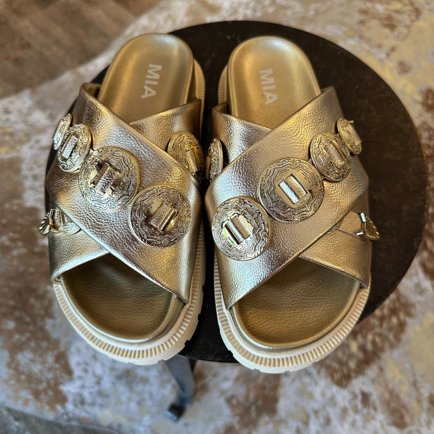 Metallic Gold Western Medallion Slide Sandals