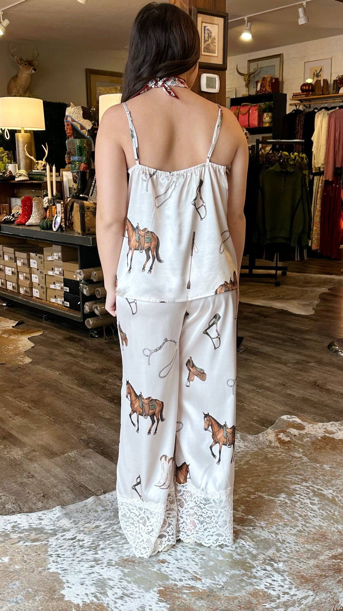 Cream Western Silk Tank and Pant Set with Lace Detailing