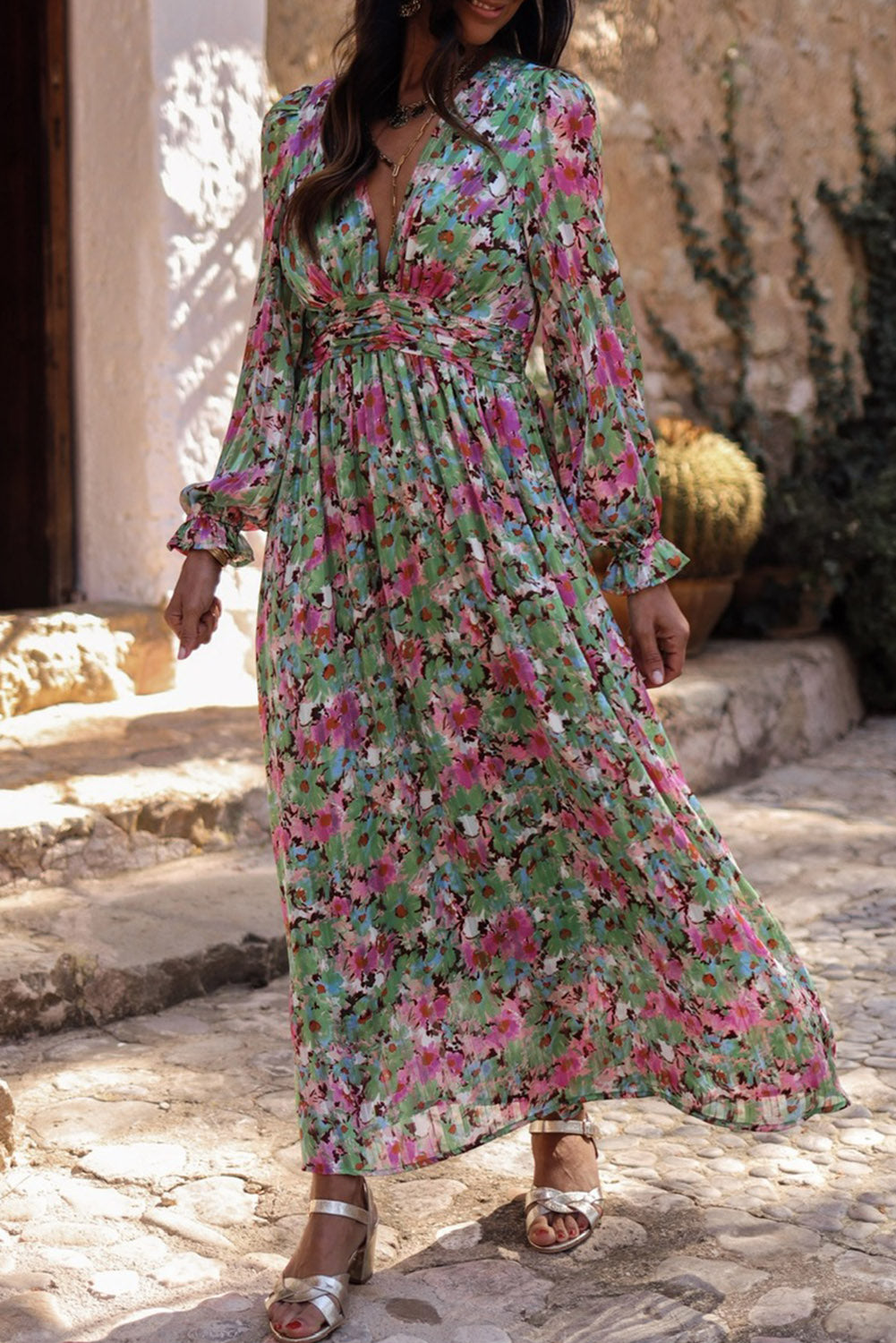 Green Floral Cinched Waist Maxi Dress