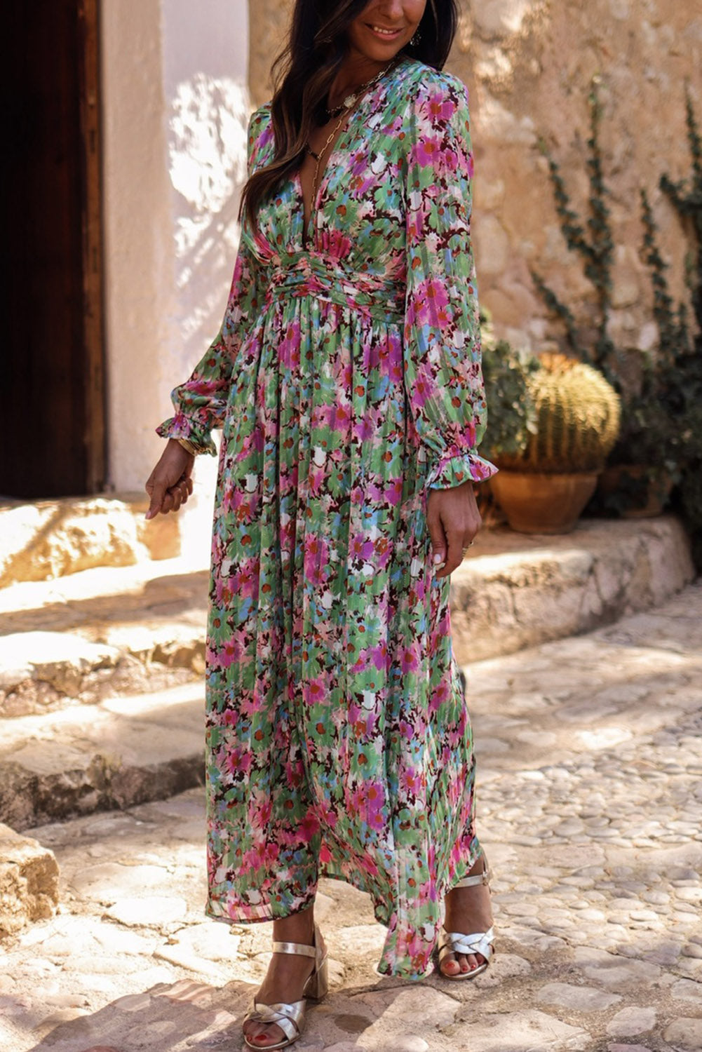 Green Floral Cinched Waist Maxi Dress