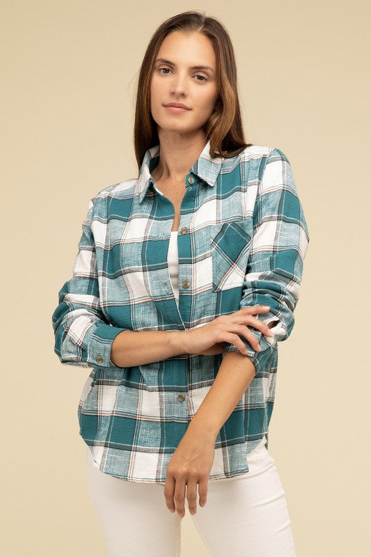 Cotton Plaid Shacket With Front Pocket