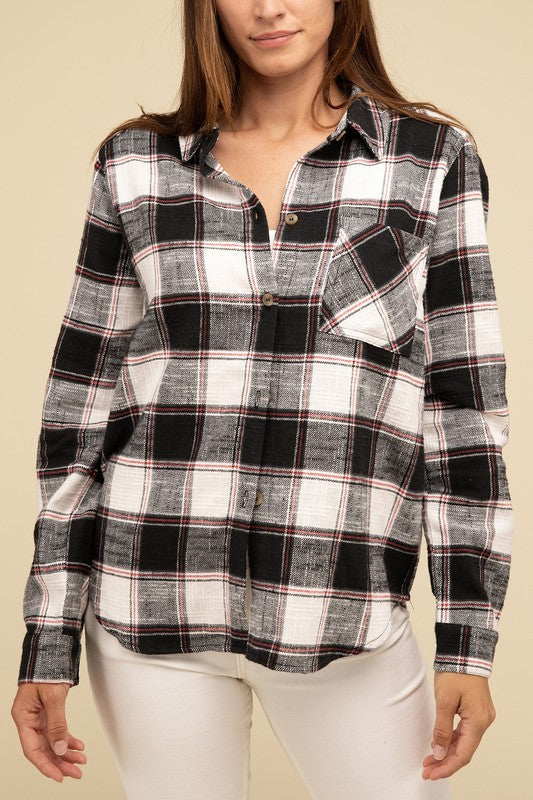 Cotton Plaid Shacket With Front Pocket