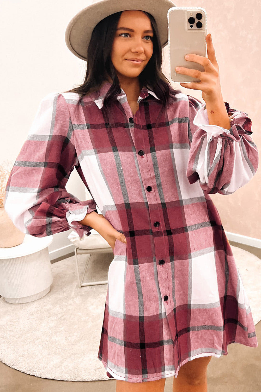 Khaki Western Plaid Button Up Loose Shirt Dress