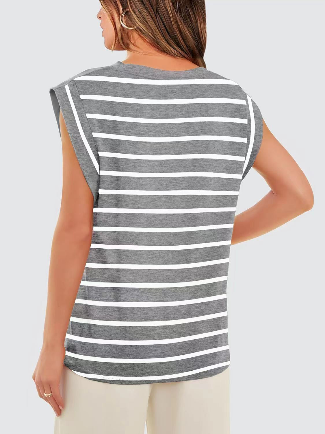 Striped Round Neck Cap Sleeve T-Shirt